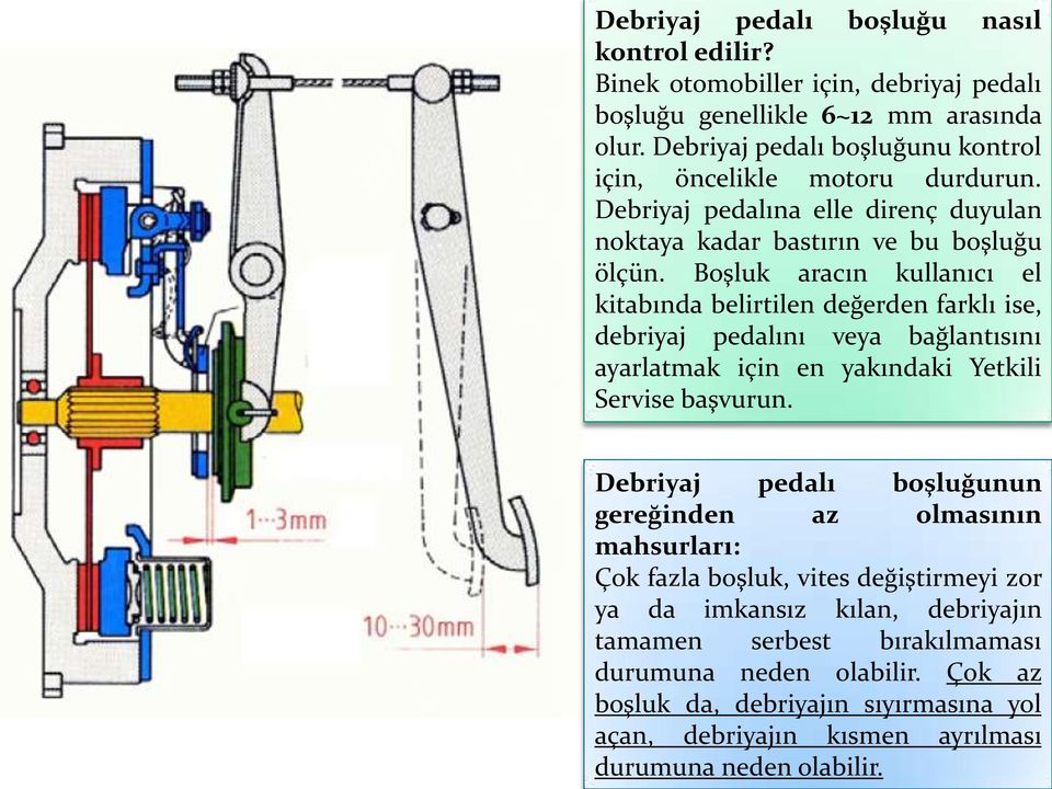 Boşluk aracın kullanıcı el kitabında belirtilen değerden farklı ise, debriyaj pedalını veya bağlantısını ayarlatmak için en yakındaki Yetkili Servise başvurun.