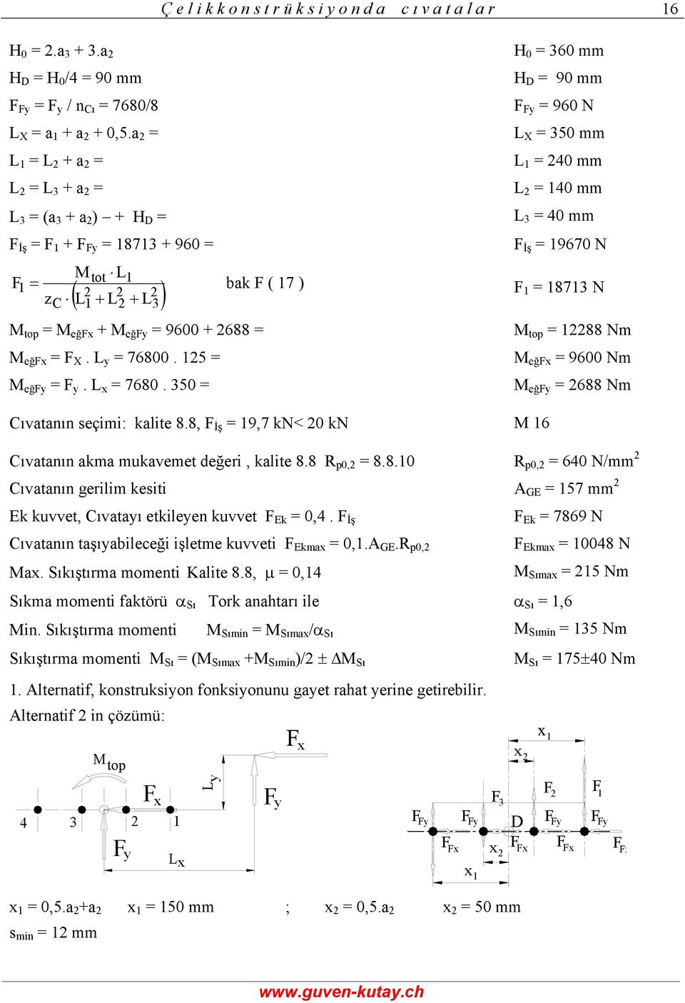 5 M eğy y. x 7680. 350 Cıvatanın seçimi: kalite 8.8, İş 9,7 kn< 0 kn M 6 M top 88 Nm M eğx 9600 Nm M eğy 688 Nm Cıvatanın akma mukavemet değeri, kalite 8.8 R p0, 8.8.0 R p0, 640 N/mm Cıvatanın gerilim kesiti A GE 57 mm Ek kuvvet, Cıvatayı etkileyen kuvvet Ek 0,4.
