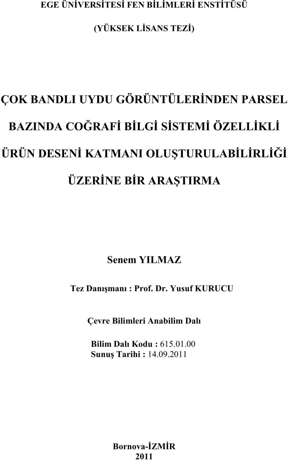 ÜZER NE B R ARA TIRMA Senem YILMAZ Tez Danı manı : Prof. Dr.