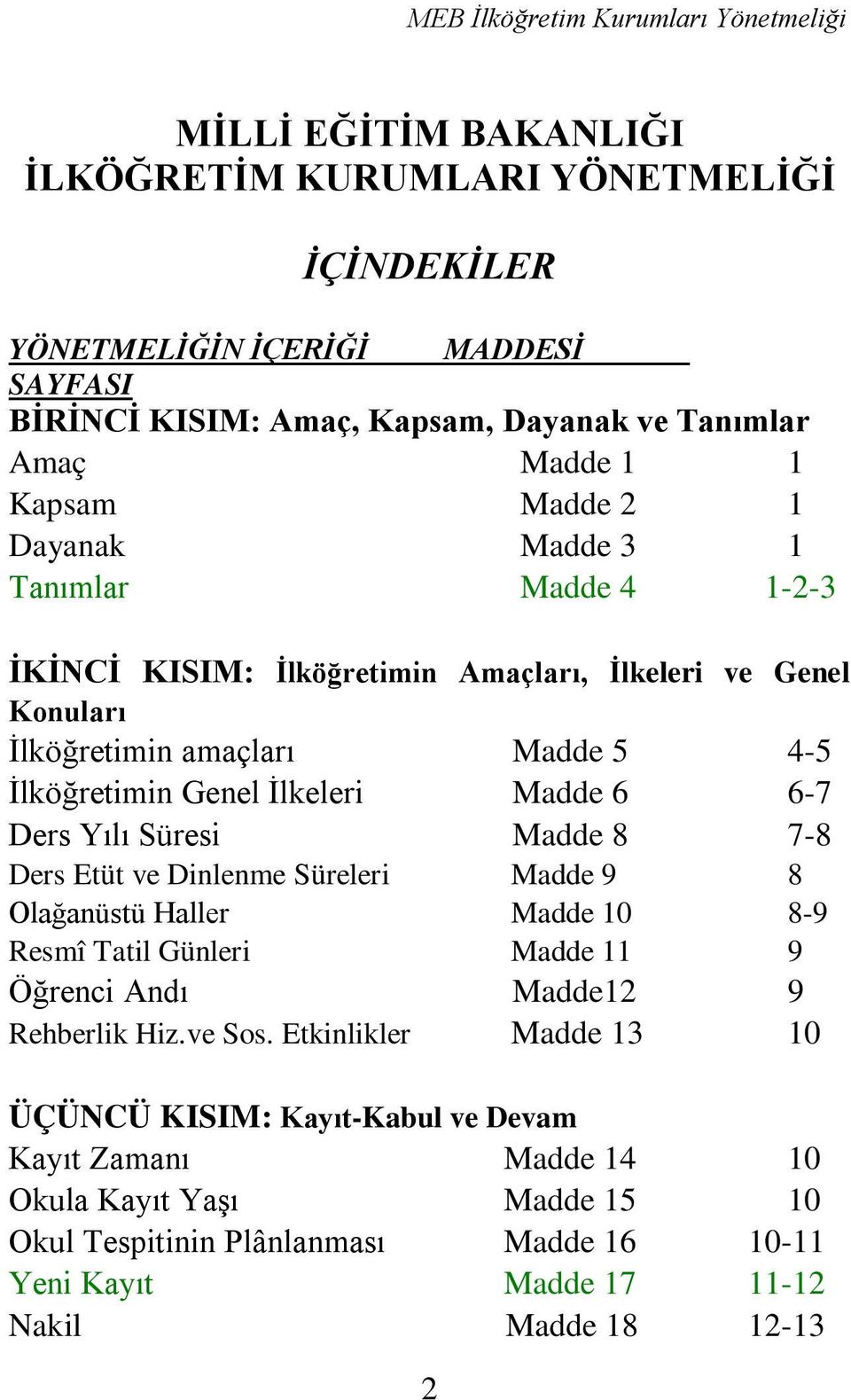 Yılı Süresi Madde 8 7-8 Ders Etüt ve Dinlenme Süreleri Madde 9 8 Olağanüstü Haller Madde 10 8-9 Resmî Tatil Günleri Madde 11 9 Öğrenci Andı Madde12 9 Rehberlik Hiz.ve Sos.