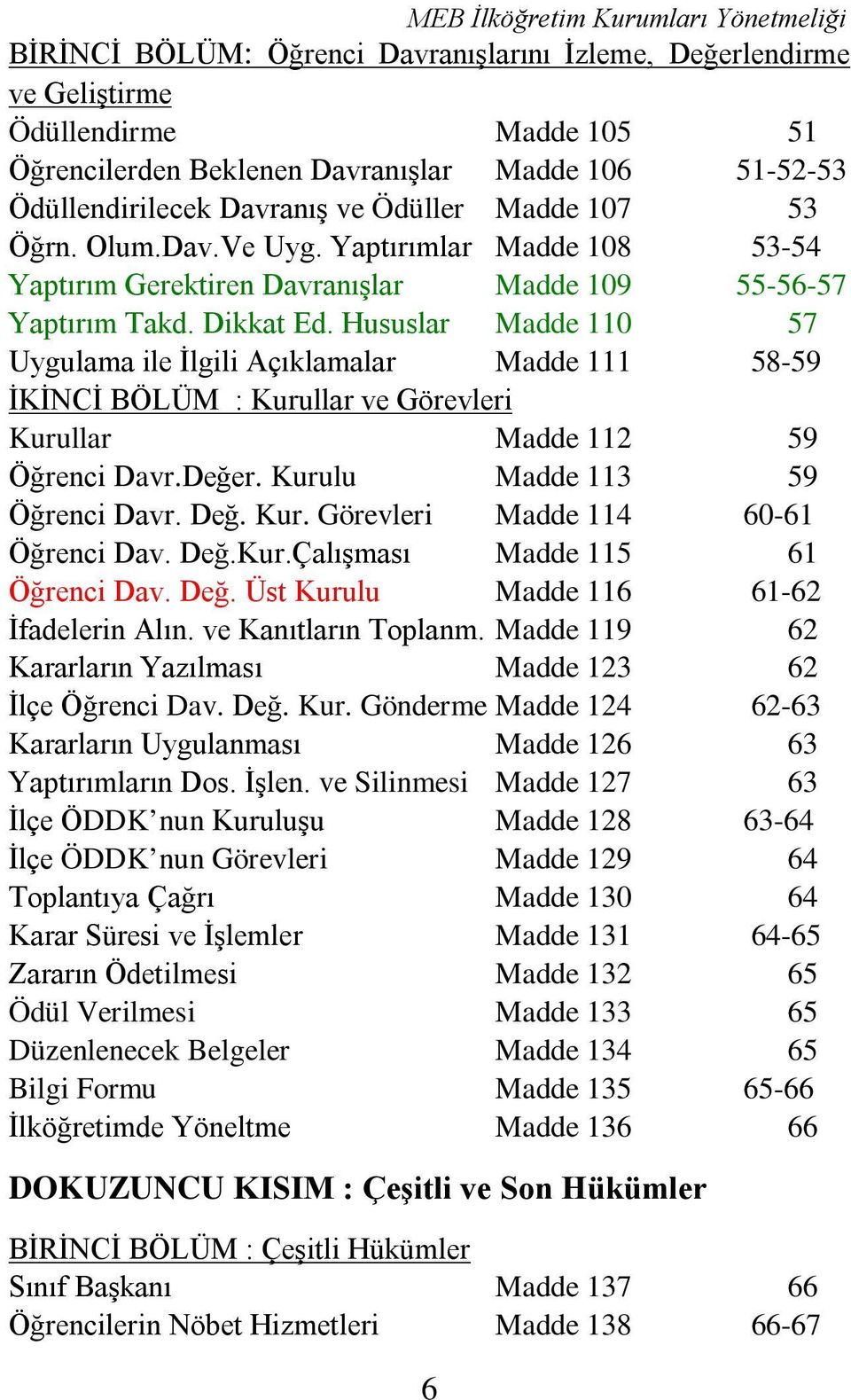 Hususlar Madde 110 57 Uygulama ile İlgili Açıklamalar Madde 111 58-59 İKİNCİ BÖLÜM : Kurullar ve Görevleri Kurullar Madde 112 59 Öğrenci Davr.Değer. Kurulu Madde 113 59 Öğrenci Davr. Değ. Kur. Görevleri Madde 114 60-61 Öğrenci Dav.