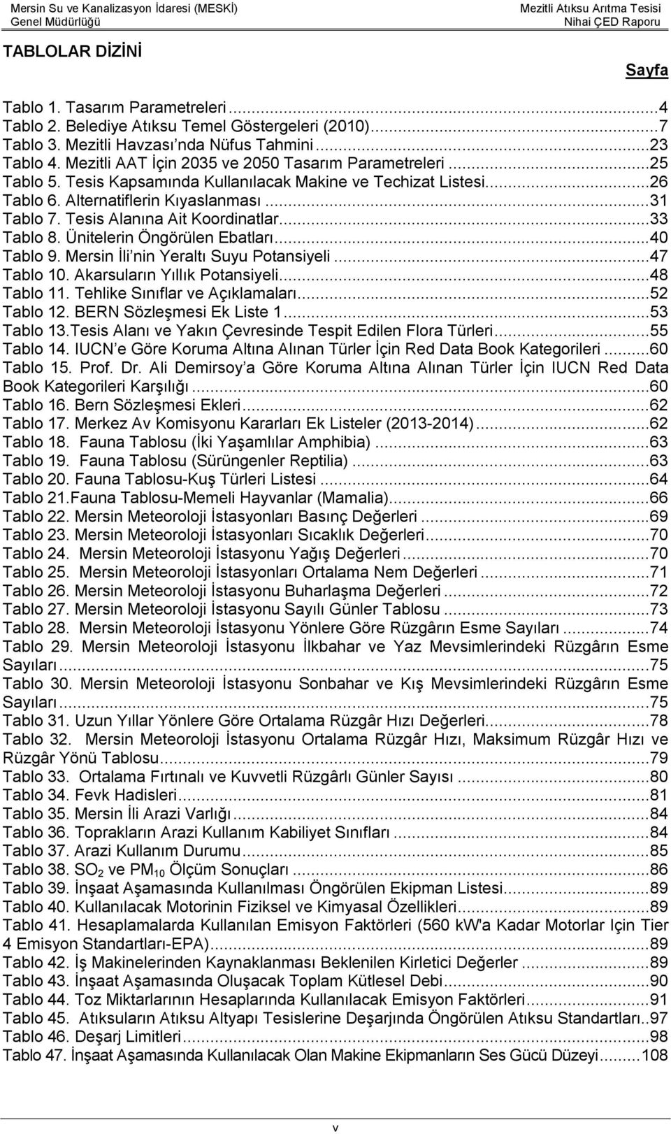 Tesis Alanına Ait Koordinatlar...33 Tablo 8. Ünitelerin Öngörülen Ebatları...40 Tablo 9. Mersin İli nin Yeraltı Suyu Potansiyeli...47 Tablo 10. Akarsuların Yıllık Potansiyeli...48 Tablo 11.