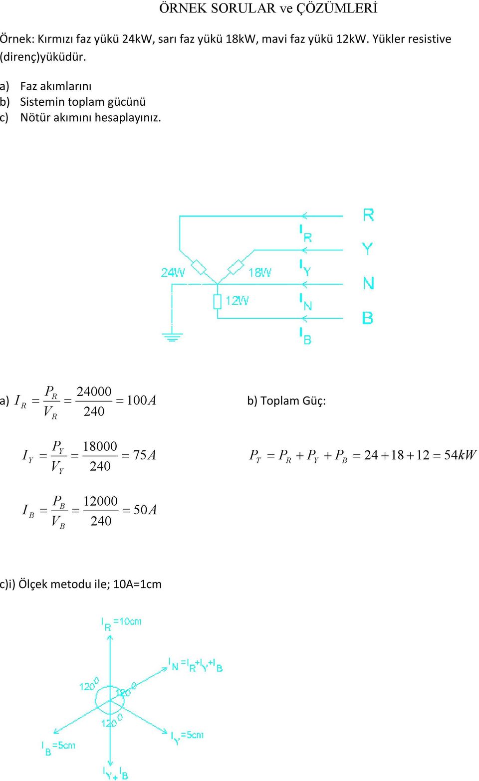 a) Faz akımlarını b) Sistemin toplam gücünü c) Nötür akımını hesaplayınız.