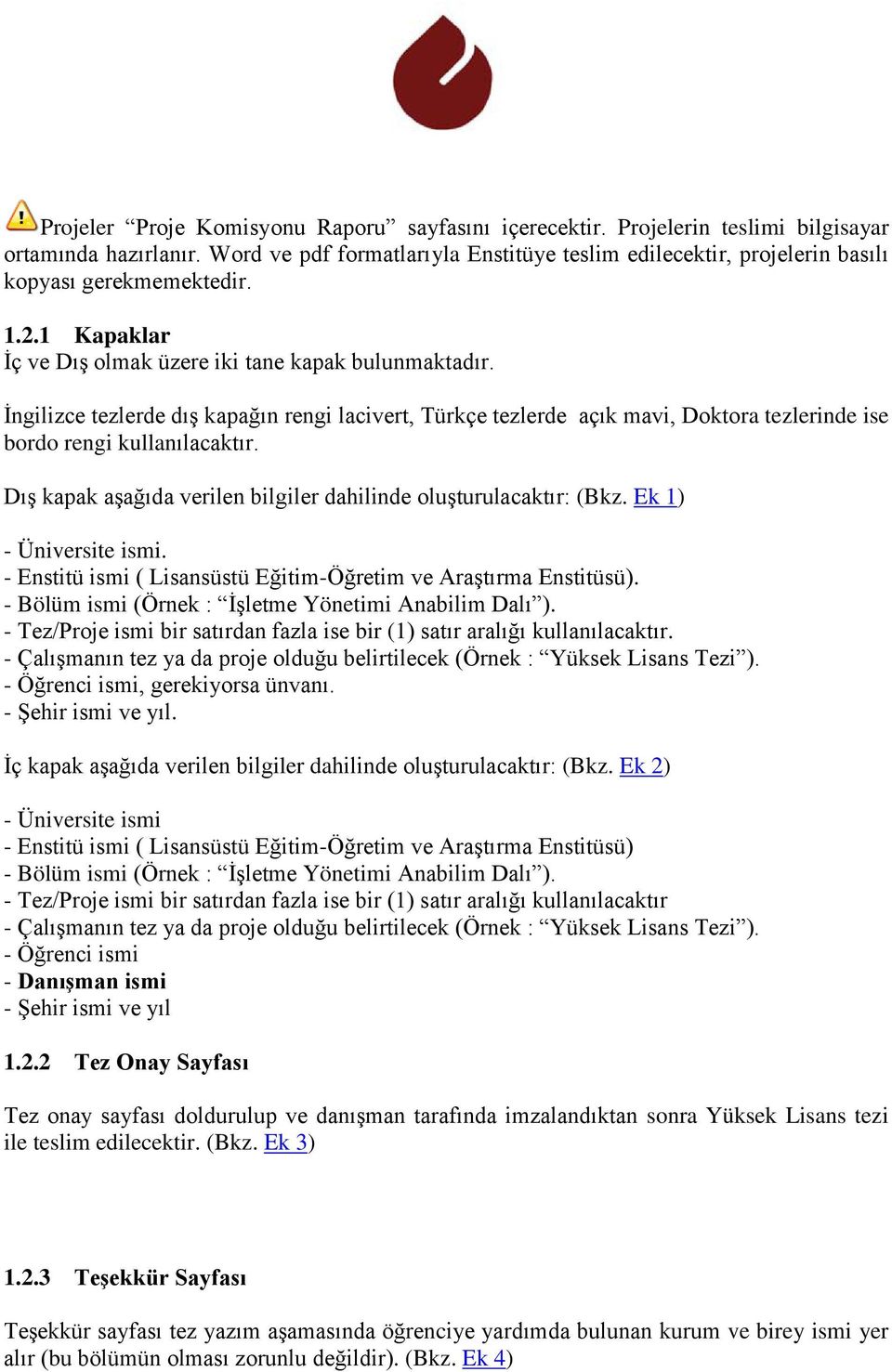 İngilizce tezlerde dış kapağın rengi lacivert, Türkçe tezlerde açık mavi, Doktora tezlerinde ise bordo rengi kullanılacaktır. Dış kapak aşağıda verilen bilgiler dahilinde oluşturulacaktır: (Bkz.