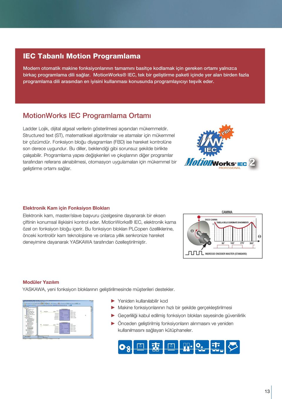 MotionWorks IEC Programlama Ortamı Ladder Lojik, dijital algısal verilerin gösterilmesi açısından mükemmeldir. Structured text (ST), matematiksel algoritmalar ve atamalar için mükemmel bir çözümdür.