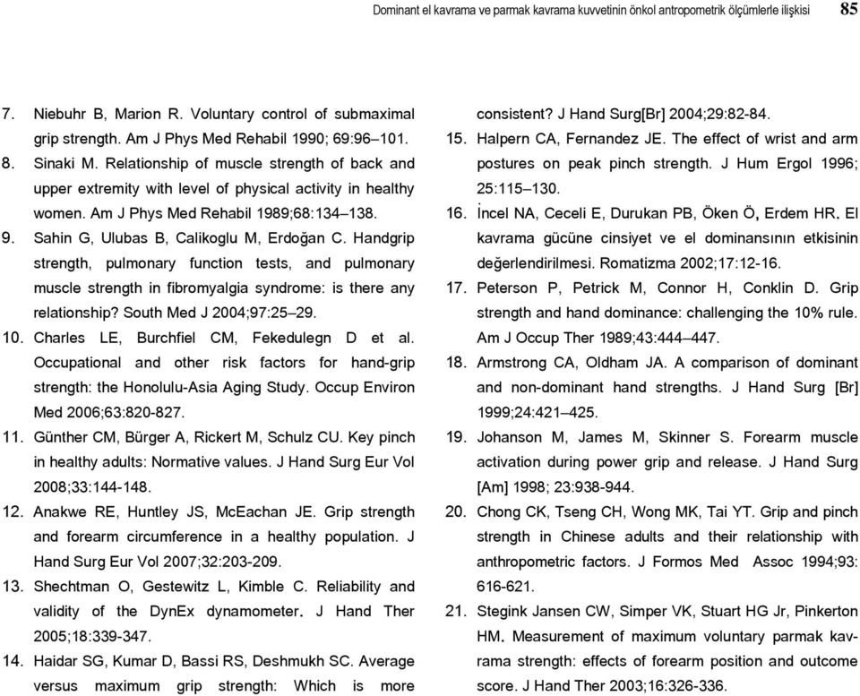 9. Sahin G, Ulubas B, Calikoglu M, Erdoğan C. Handgrip strength, pulmonary function tests, and pulmonary muscle strength in fibromyalgia syndrome: is there any relationship? South Med J 2004;97:25 29.