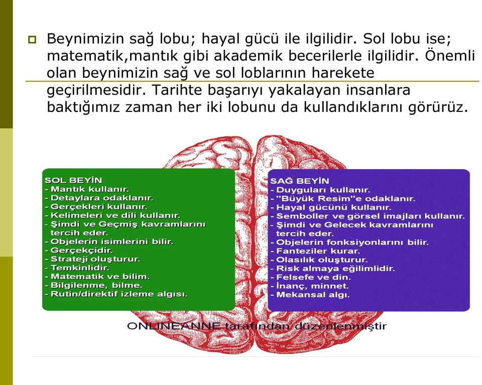 Önemli olan beynimizin sağ ve sol loblarının harekete geçirilmesidir.