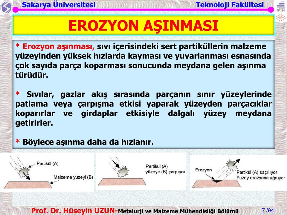 * Sıvılar, gazlar akış sırasında parçanın sınır yüzeylerinde patlama veya çarpışma etkisi yaparak yüzeyden parçacıklar