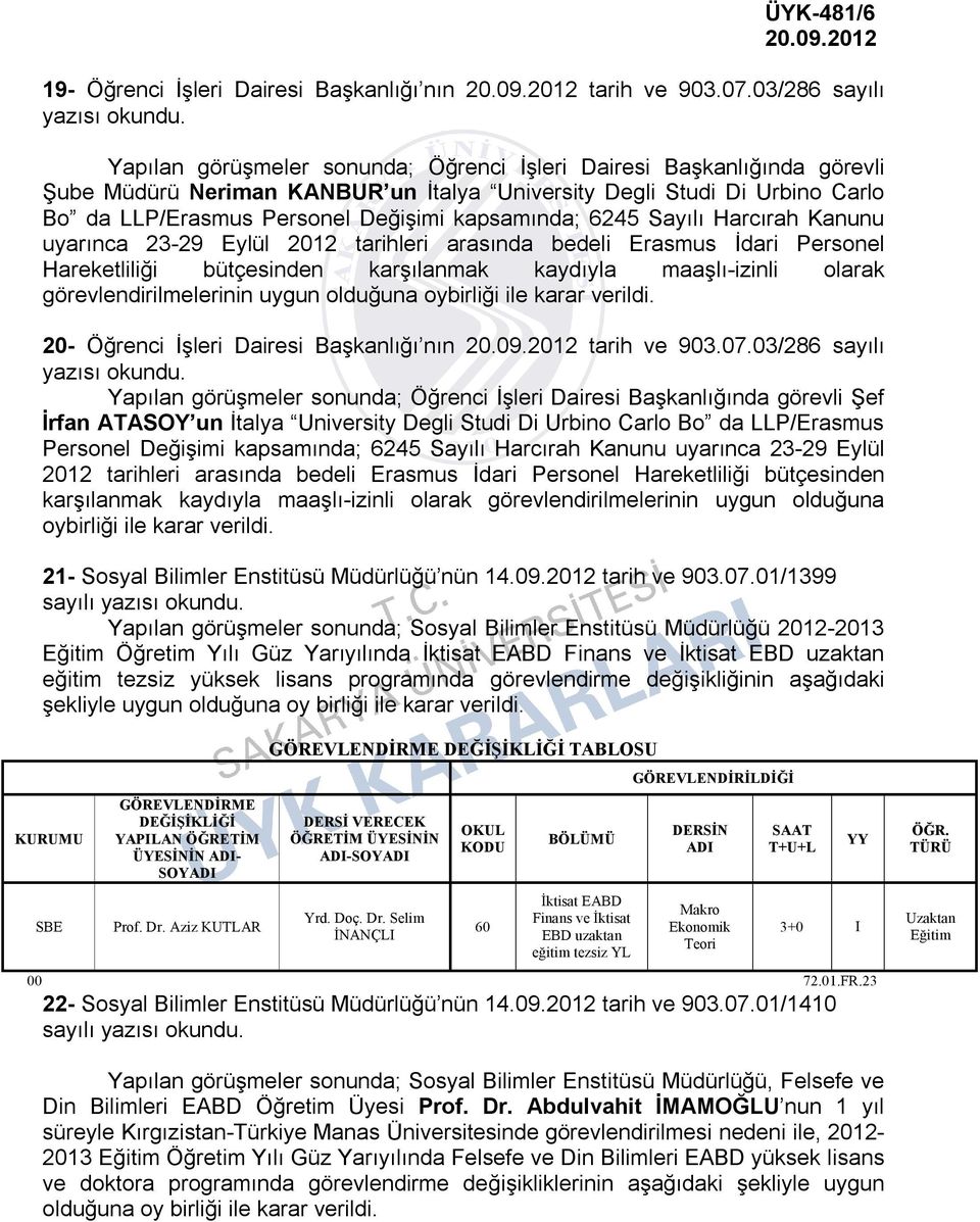 kapsamında; 6245 Sayılı Harcırah Kanunu uyarınca 23-29 Eylül 2012 tarihleri arasında bedeli Erasmus İdari Personel Hareketliliği bütçesinden karşılanmak kaydıyla maaşlı-izinli olarak