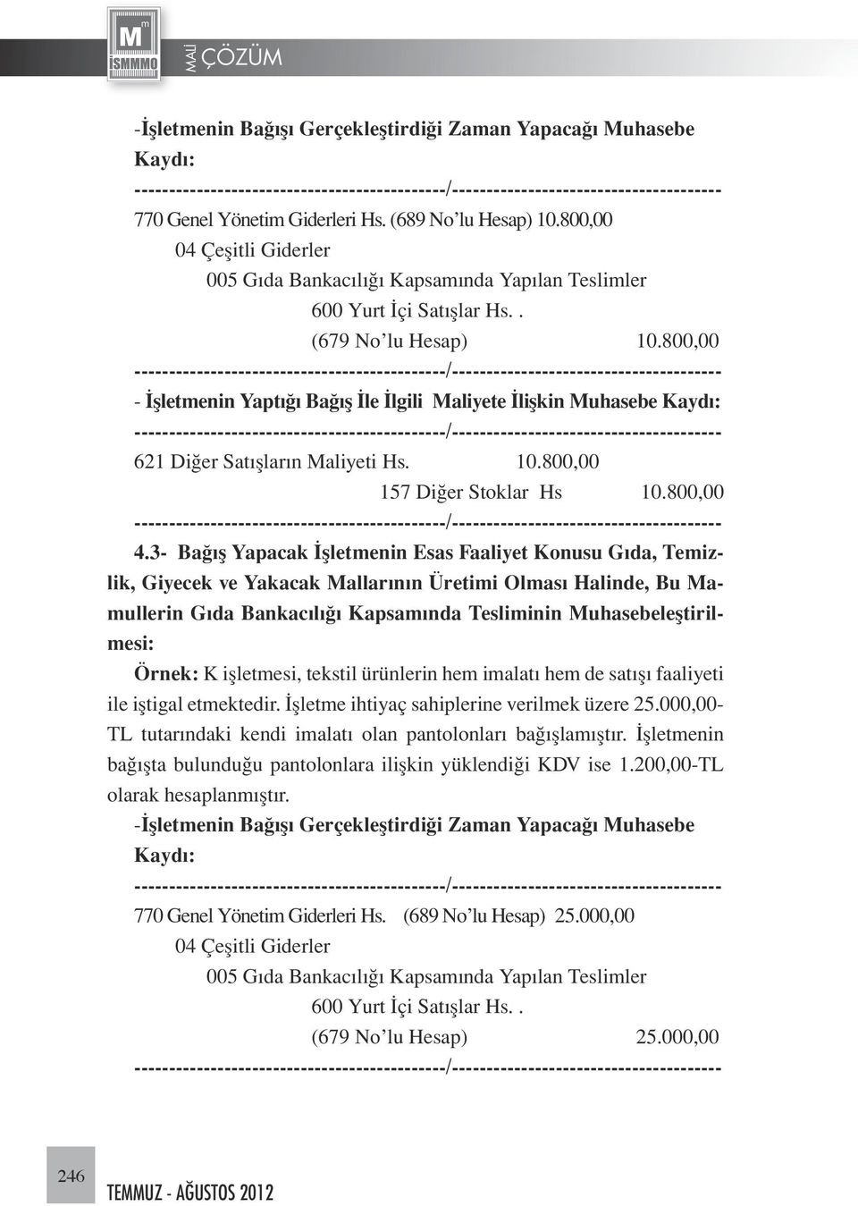 800,00 - İşletmenin Yaptığı Bağış İle İlgili Maliyete İlişkin Muhasebe Kaydı: 621 Diğer Satışların Maliyeti Hs. 10.800,00 157 Diğer Stoklar Hs 10.800,00 4.