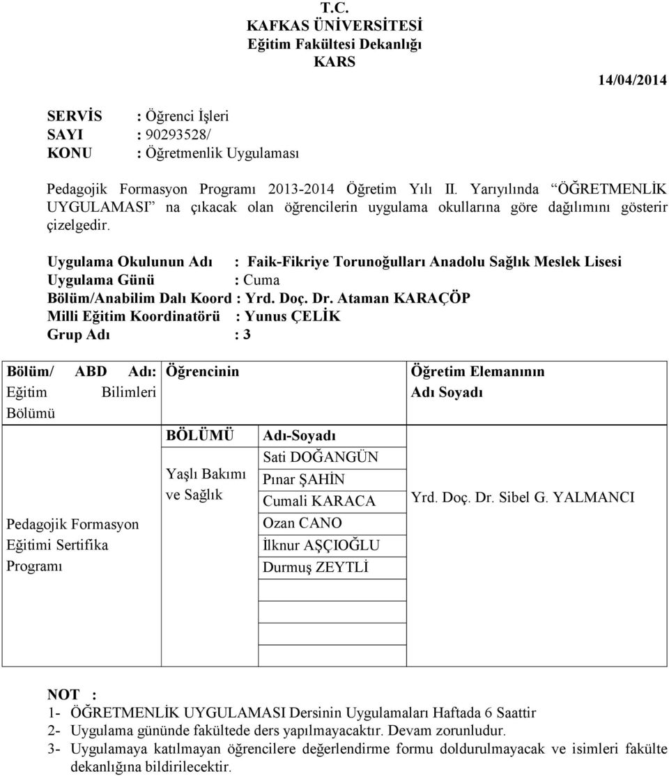 Torunoğulları Anadolu Sağlık Meslek Lisesi Grup Adı : 3 Yaşlı Bakımı