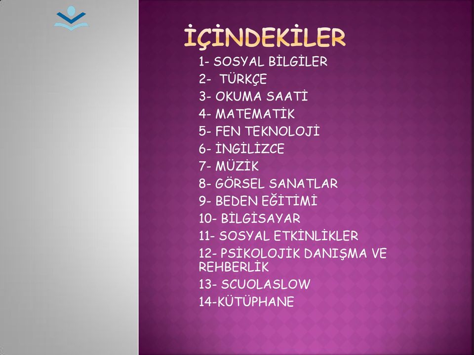 9- BEDEN EĞİTİMİ 10- BİLGİSAYAR 11- SOSYAL ETKİNLİKLER 12-