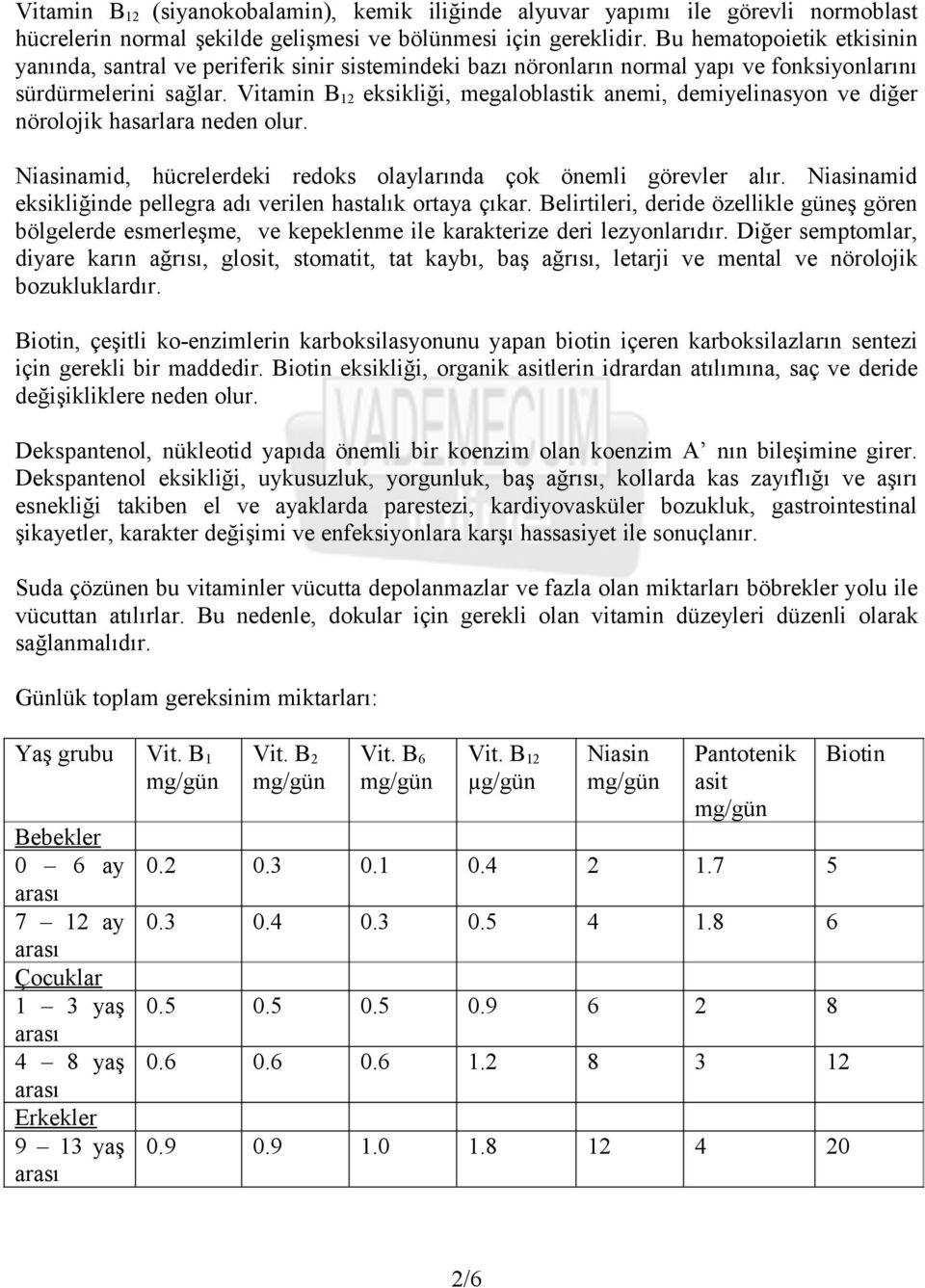 Vitamin B 12 eksikliği, megaloblastik anemi, demiyelinasyon ve diğer nörolojik hasarlara neden olur. Niasinamid, hücrelerdeki redoks olaylarında çok önemli görevler alır.