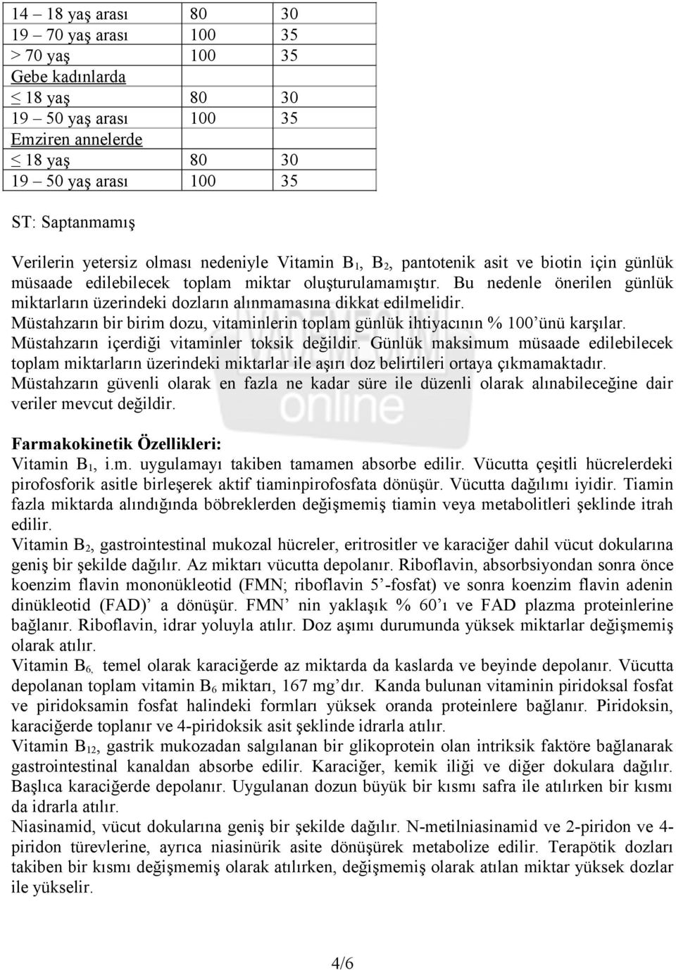 Bu nedenle önerilen günlük miktarların üzerindeki dozların alınmamasına dikkat edilmelidir. Müstahzarın bir birim dozu, vitaminlerin toplam günlük ihtiyacının % 100 ünü karşılar.