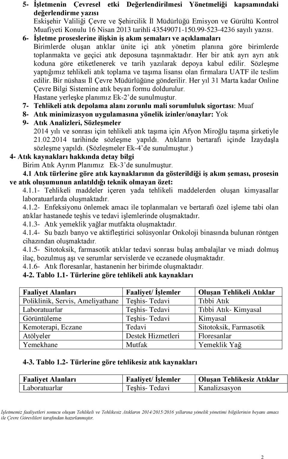 6- İşletme proseslerine ilişkin iş akım şemaları ve açıklamaları Birimlerde oluşan atıklar ünite içi atık yönetim planına göre birimlerde toplanmakta ve geçici atık deposuna taşınmaktadır.