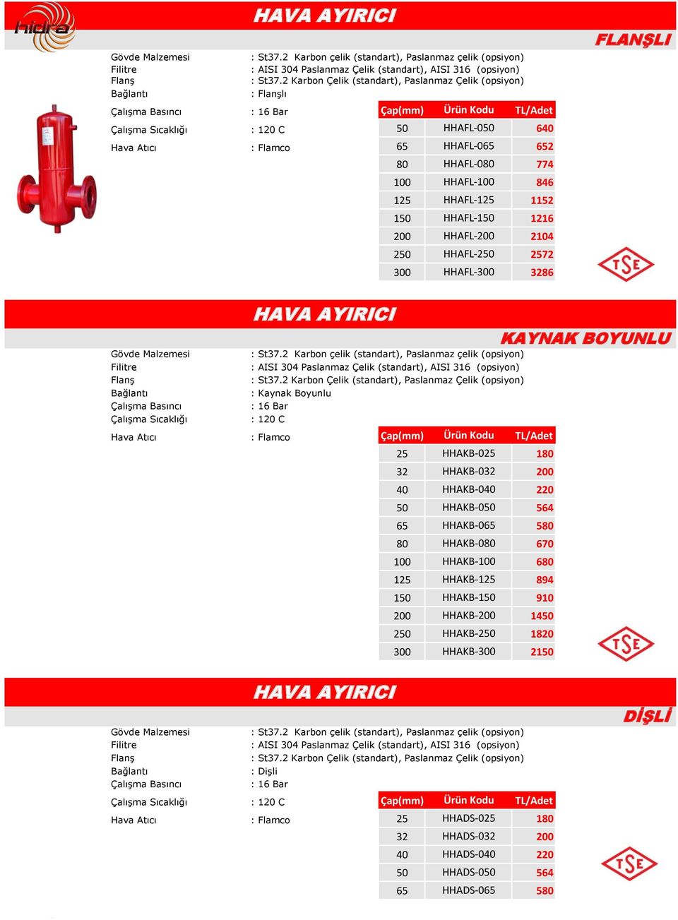 TL/Adet 25 HHAKB-025 180 32 HHAKB-032 200 40 HHAKB-040 220 50 HHAKB-050 564 65 HHAKB-065 580 80 HHAKB-080 670 100 HHAKB-100 680 125 HHAKB-125 894 150 HHAKB-150 910 200 HHAKB-200 1450 250 HHAKB-250