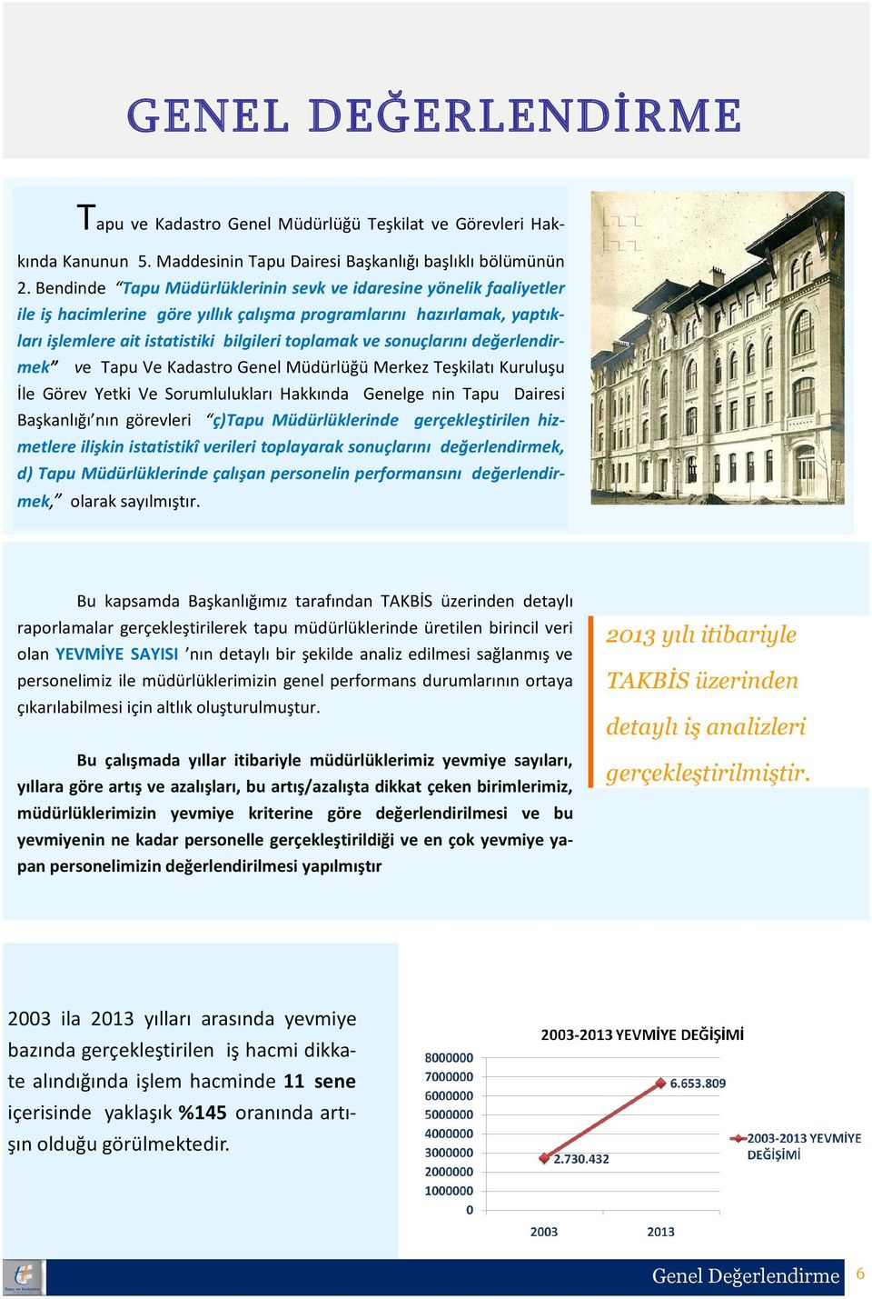 sonuçlarını değerlendirmek ve Tapu Ve Kadastro Genel Müdürlüğü Merkez Teşkilatı Kuruluşu İle Görev Yetki Ve Sorumlulukları Hakkında Genelge nin Tapu Dairesi Başkanlığı nın görevleri ç)tapu