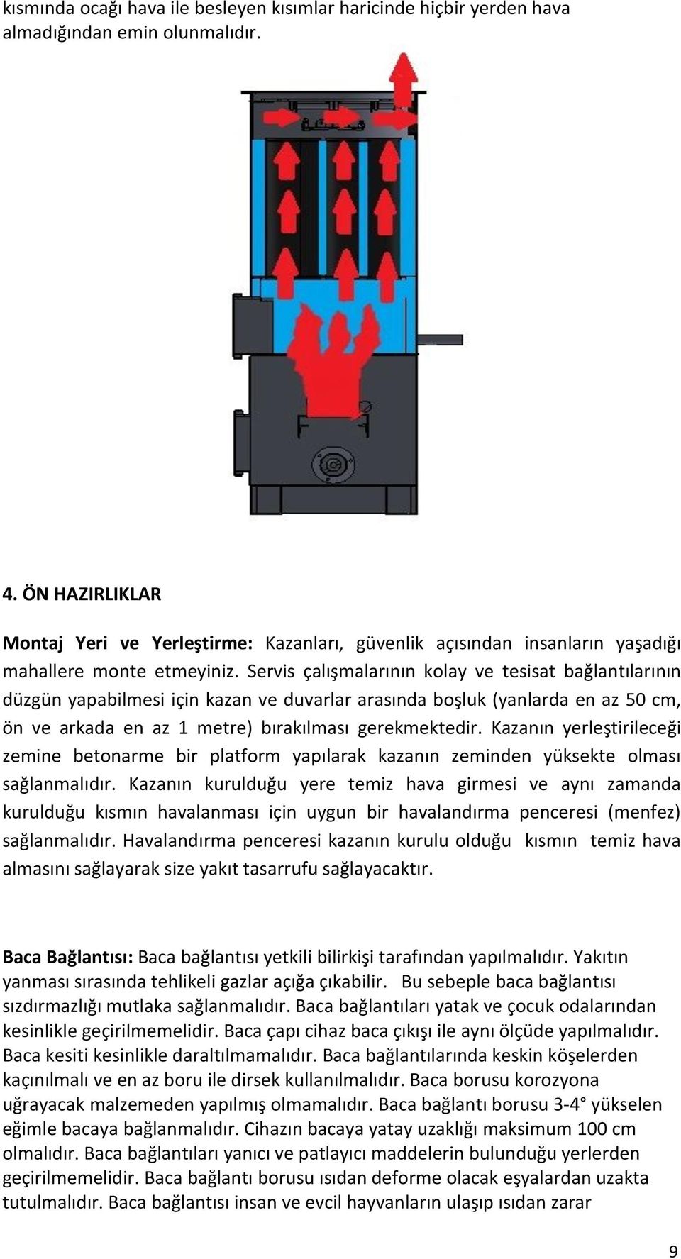 Servis çalışmalarının kolay ve tesisat bağlantılarının düzgün yapabilmesi için kazan ve duvarlar arasında boşluk (yanlarda en az 50 cm, ön ve arkada en az 1 metre) bırakılması gerekmektedir.