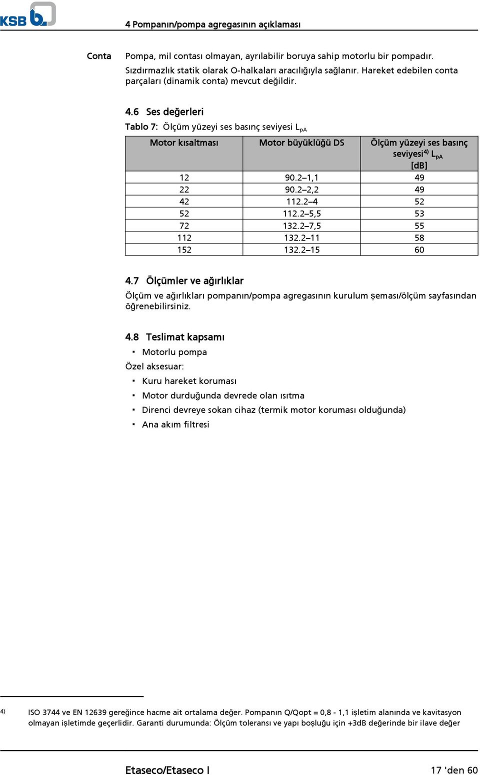 6 Ses değerleri Tablo 7: Ölçüm yüzeyi ses basınç seviyesi L pa Motor kısaltması Motor büyüklüğü DS Ölçüm yüzeyi ses basınç seviyesi 4) L pa [db] 12 90.2 1,1 49 22 90.2 2,2 49 42 112.2 4 52 52 112.