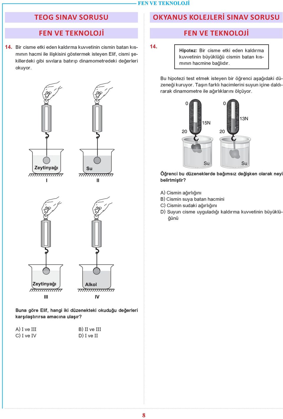 Taşın farklı hacimlerini suyun içine daldırarak dinamometre ile ağırlıklarını ölçüyor. Öğrenci bu düzeneklerde bağımsız değişken olarak neyi belirtmiştir?