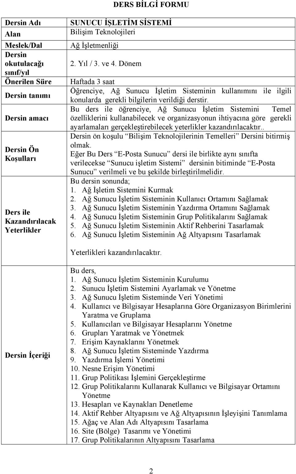 Bu ders ile öğrenciye, Ağ Sunucu İşletim Sistemini Temel özelliklerini kullanabilecek ve organizasyonun ihtiyacına göre gerekli ayarlamaları gerçekleştirebilecek yeterlikler kazandırılacaktır.