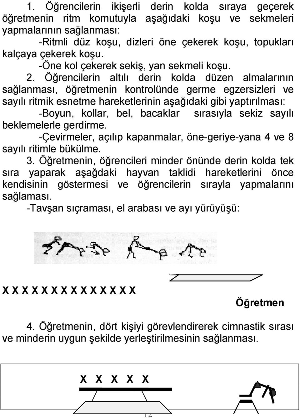 Öğrencilerin altılı derin kolda düzen almalarının sağlanması, öğretmenin kontrolünde germe egzersizleri ve sayılı ritmik esnetme hareketlerinin aşağıdaki gibi yaptırılması: -Boyun, kollar, bel,