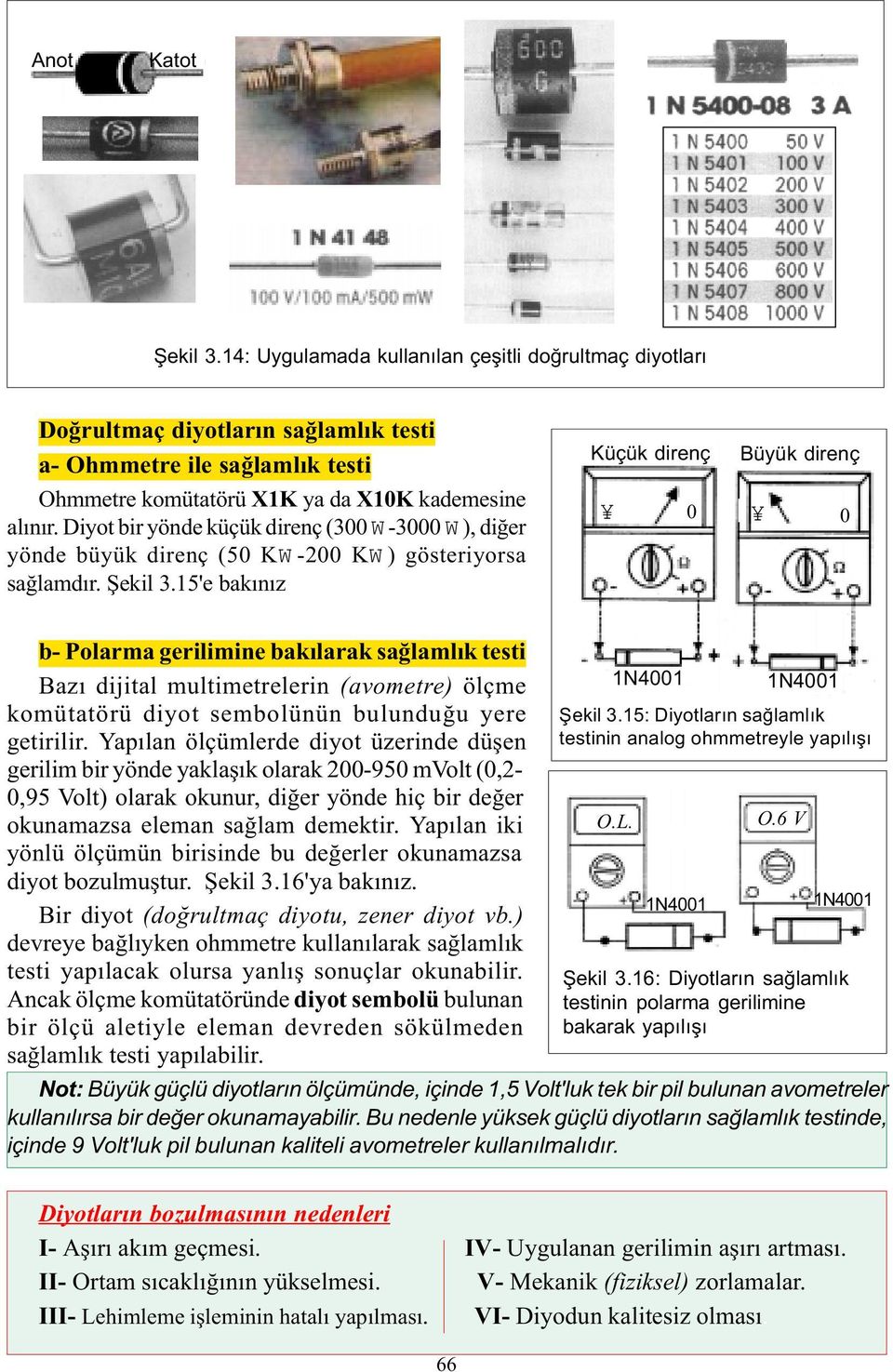 15'e bakýnýz üçük direnç 0 Büyük direnç 0 b- Polarma gerilimine bakýlarak saðlamlýk testi Bazý dijital multimetrelerin (avometre) ölçme komütatörü diyot sembolünün bulunduðu yere getirilir.