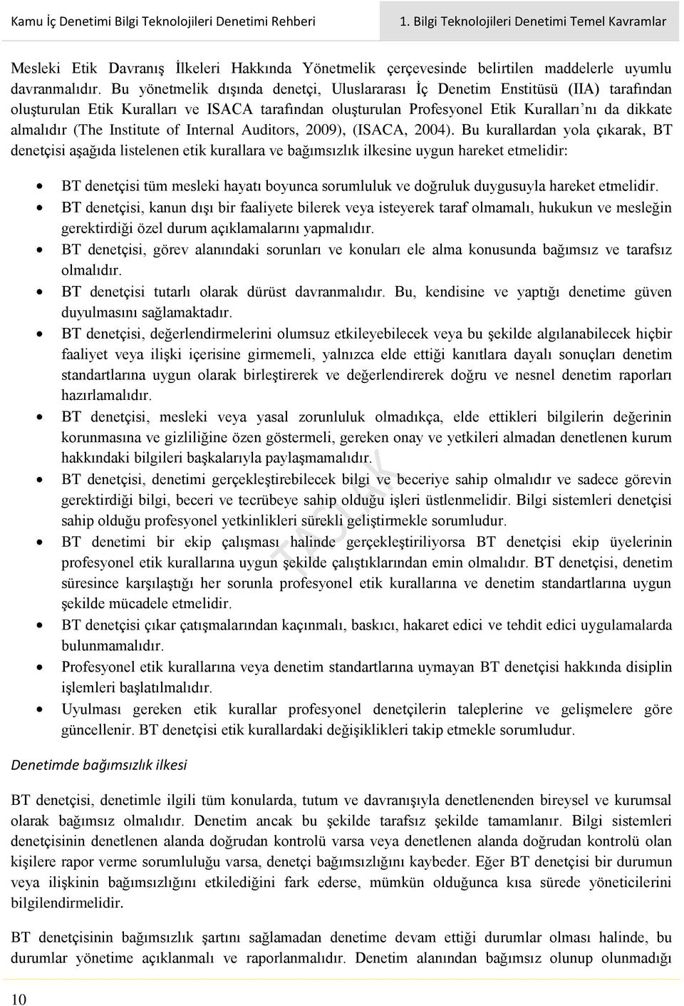 Bu yönetmelik dışında denetçi, Uluslararası ç Denetim Enstitüsü (IIA) tarafından oluşturulan Etik Kuralları ve ISACA tarafından oluşturulan Profesyonel Etik Kuralları nı da dikkate almalıdır (The