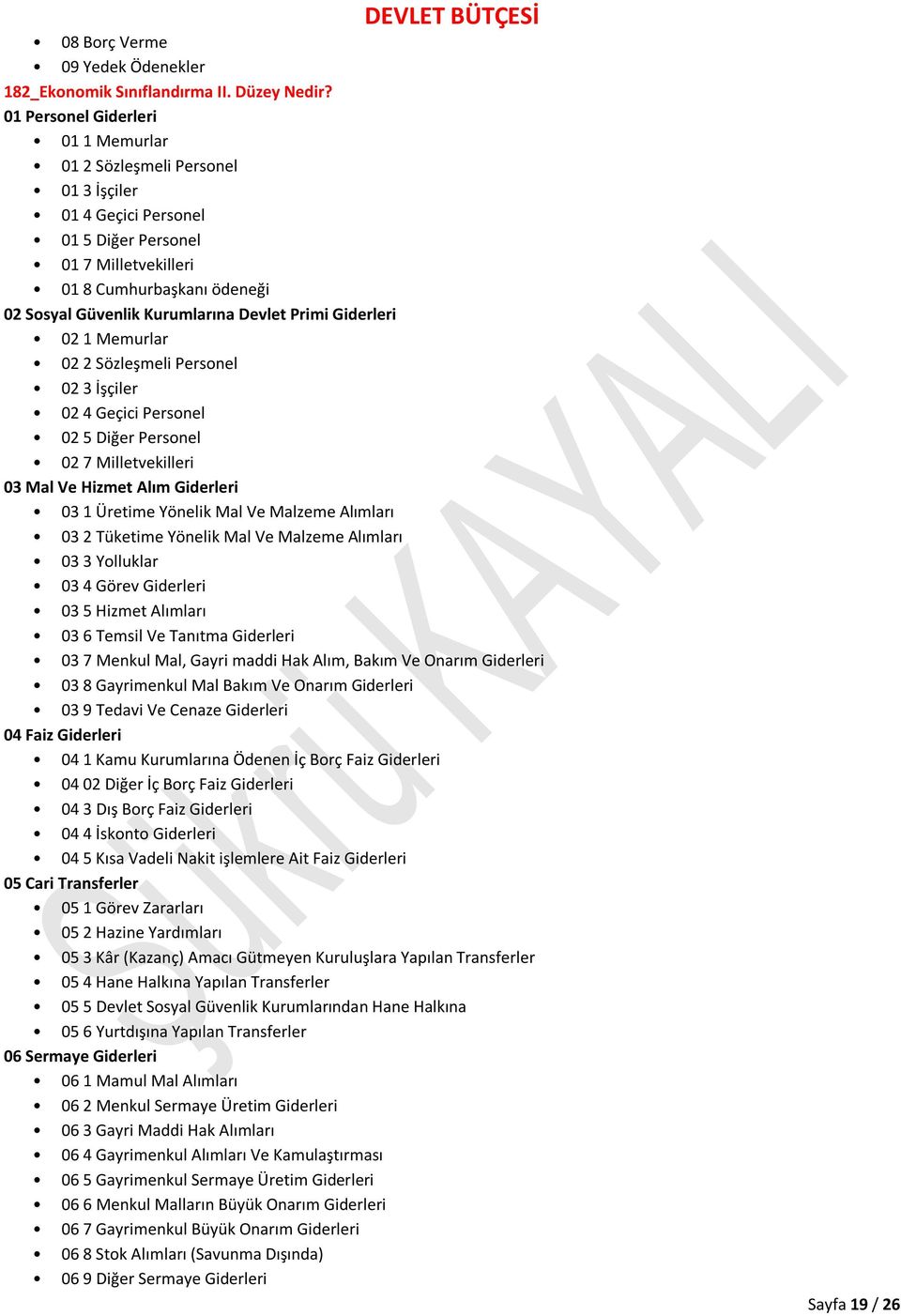 Devlet Primi Giderleri 02 1 Memurlar 02 2 Sözleşmeli Personel 02 3 İşçiler 02 4 Geçici Personel 02 5 Diğer Personel 02 7 Milletvekilleri 03 Mal Ve Hizmet Alım Giderleri 03 1 Üretime Yönelik Mal Ve