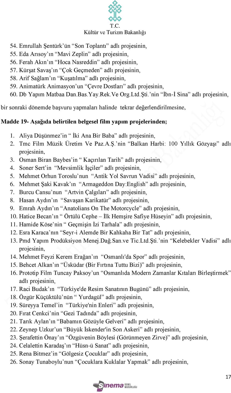 nin İbn-İ Sina adlı bir sonraki dönemde başvuru yapmaları halinde tekrar değerlendirilmesine, Madde 19- Aşağıda belirtilen belgesel film yapım projelerinden; 1.
