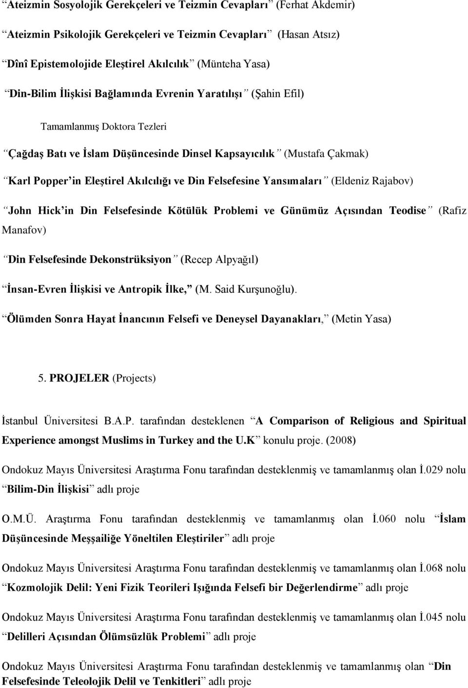 Din Felsefesine Yansımaları (Eldeniz Rajabov) John Hick in Din Felsefesinde Kötülük Problemi ve Günümüz Açısından Teodise (Rafiz Manafov) Din Felsefesinde Dekonstrüksiyon (Recep Alpyağıl) İnsan-Evren