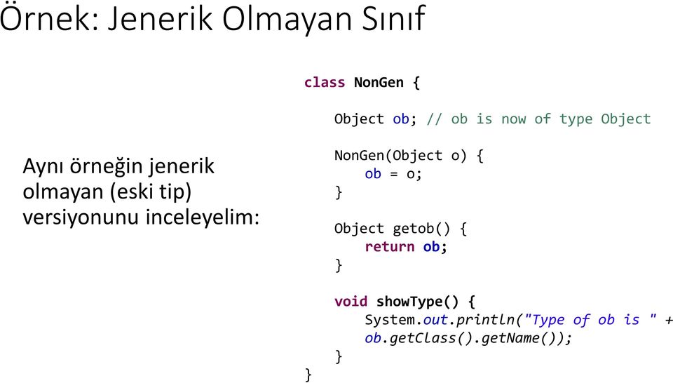 inceleyelim: NonGen(Object o) { ob = o; Object getob() { return ob;