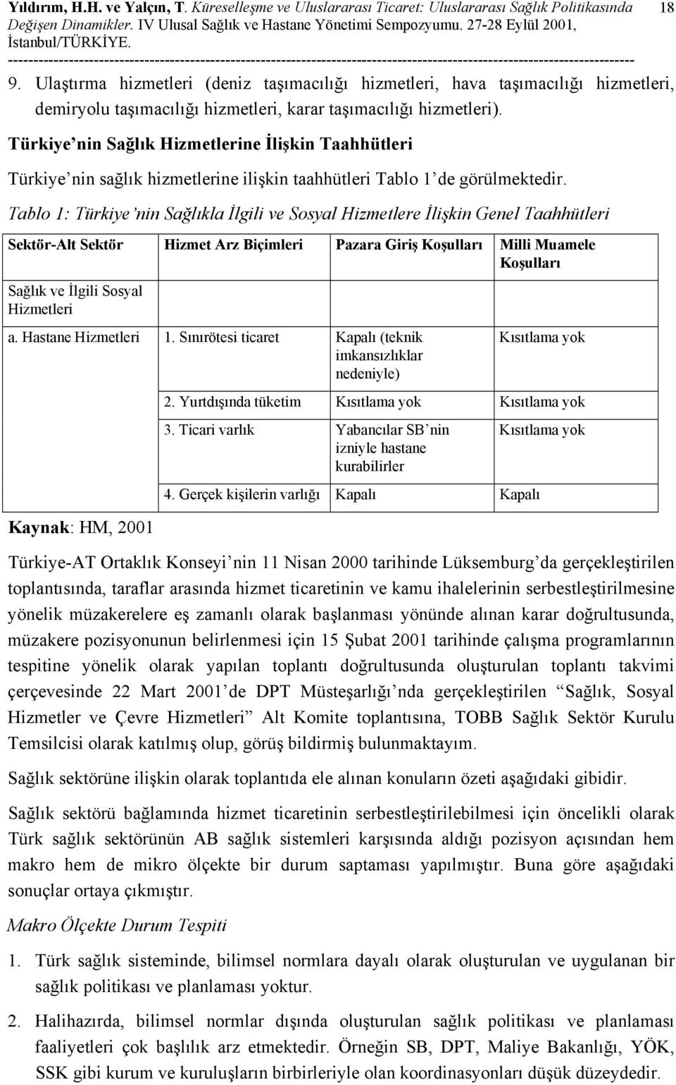 Türkiye nin Sağlık Hizmetlerine İlişkin Taahhütleri Türkiye nin sağlık hizmetlerine ilişkin taahhütleri Tablo 1 de görülmektedir.