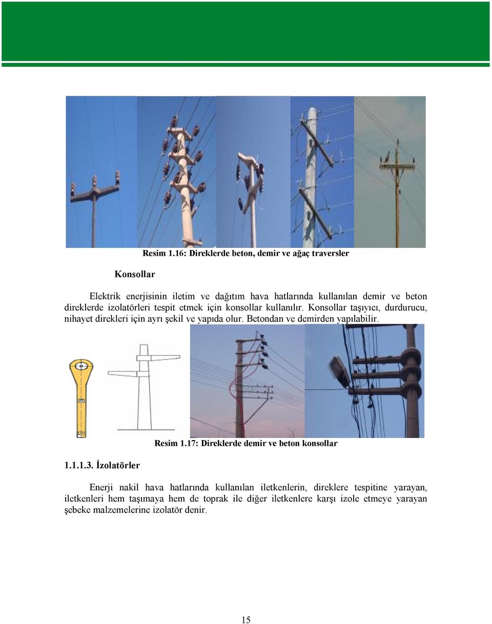 izolatörleri tespit etmek için konsollar kullanılır. Konsollar taşıyıcı, durdurucu, nihayet direkleri için ayrı şekil ve yapıda olur.