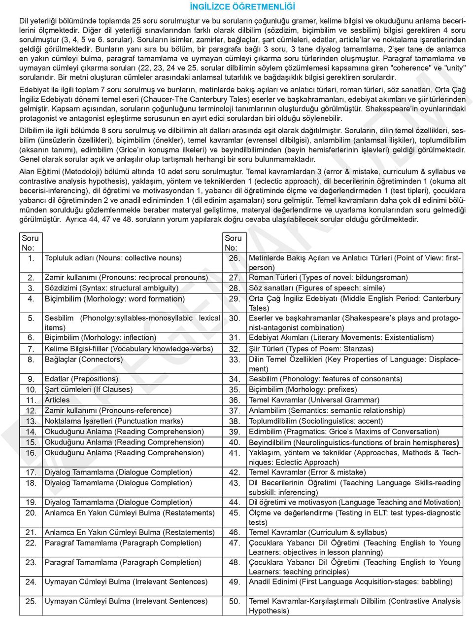 Soruların isimler, zamirler, bağlaçlar, şart cümleleri, edatlar, article lar ve noktalama işaretlerinden geldiği görülmektedir.