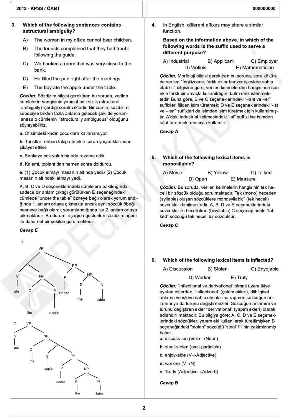 Çözüm: Sözdizim bilgisi gerektiren bu soruda, verilen cümlelerin hangisinin yapısal belirsizlik (structural ambiguity) içerdiği sorulmaktadır.