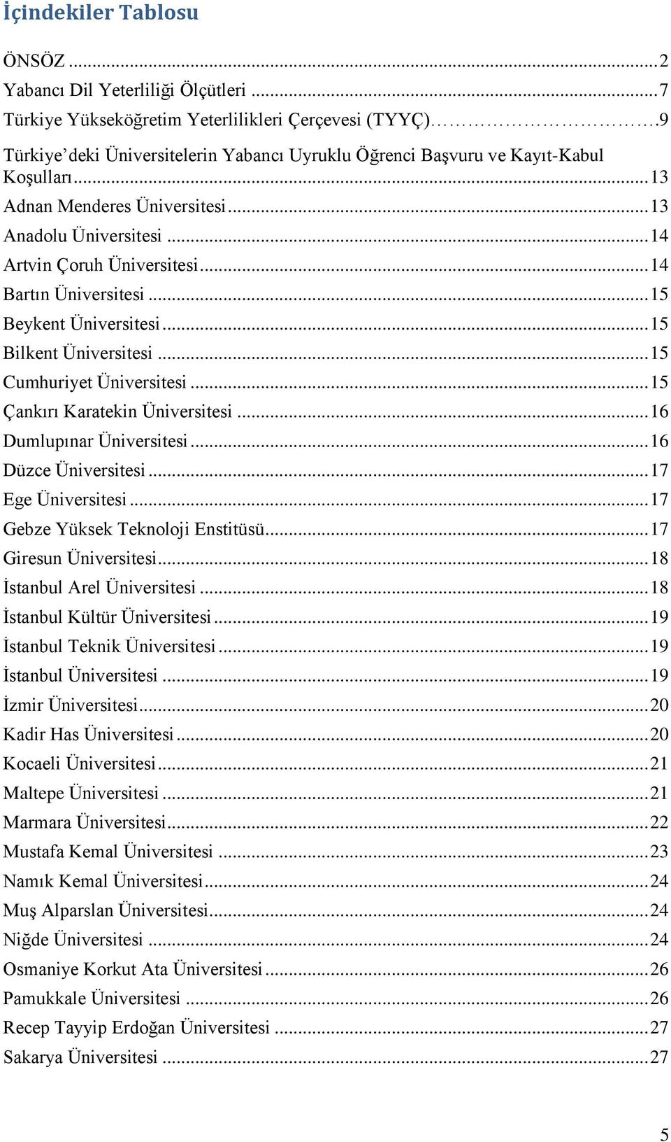 .. 14 Bartın Üniversitesi... 15 Beykent Üniversitesi... 15 Bilkent Üniversitesi... 15 Cumhuriyet Üniversitesi... 15 Çankırı Karatekin Üniversitesi... 16 Dumlupınar Üniversitesi... 16 Düzce Üniversitesi.