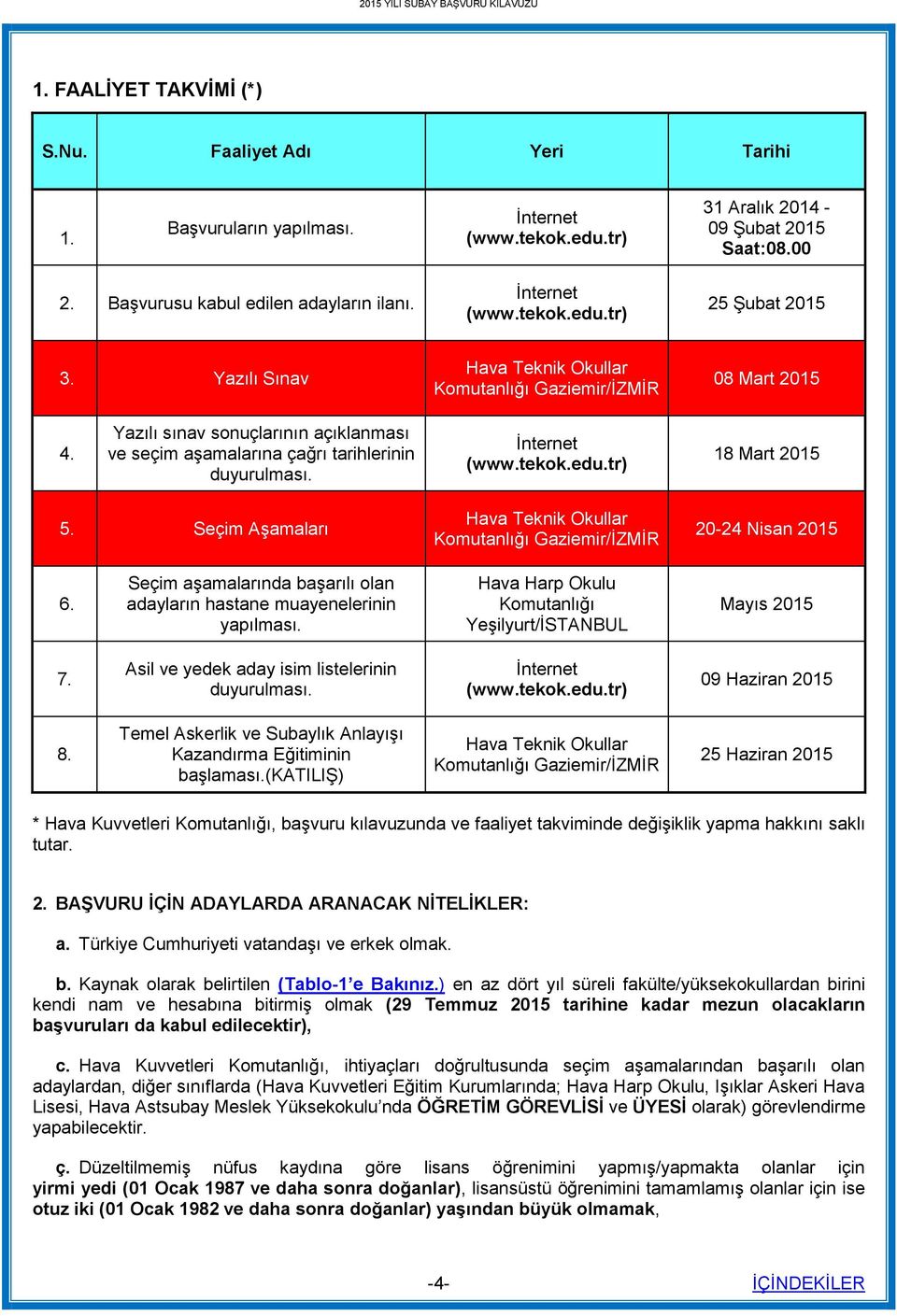 Yazılı sınav sonuçlarının açıklanması ve seçim aşamalarına çağrı tarihlerinin duyurulması. İnternet (www.tekok.edu.tr) 18 Mart 2015 5.