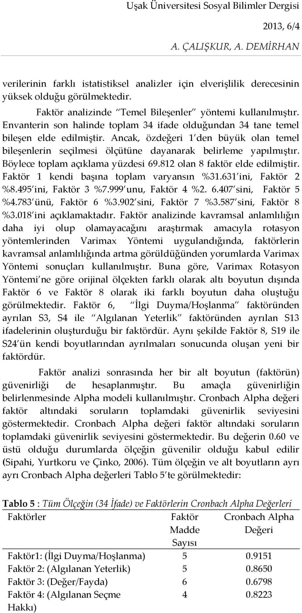 Böylece toplam açıklama yüzdesi 69.812 olan 8 faktör elde edilmiştir. Faktör 1 kendi başına toplam varyansın %31.631 ini, Faktör 2 %8.495 ini, Faktör 3 %7.999 unu, Faktör 4 %2. 6.407 sini, Faktör 5 %4.