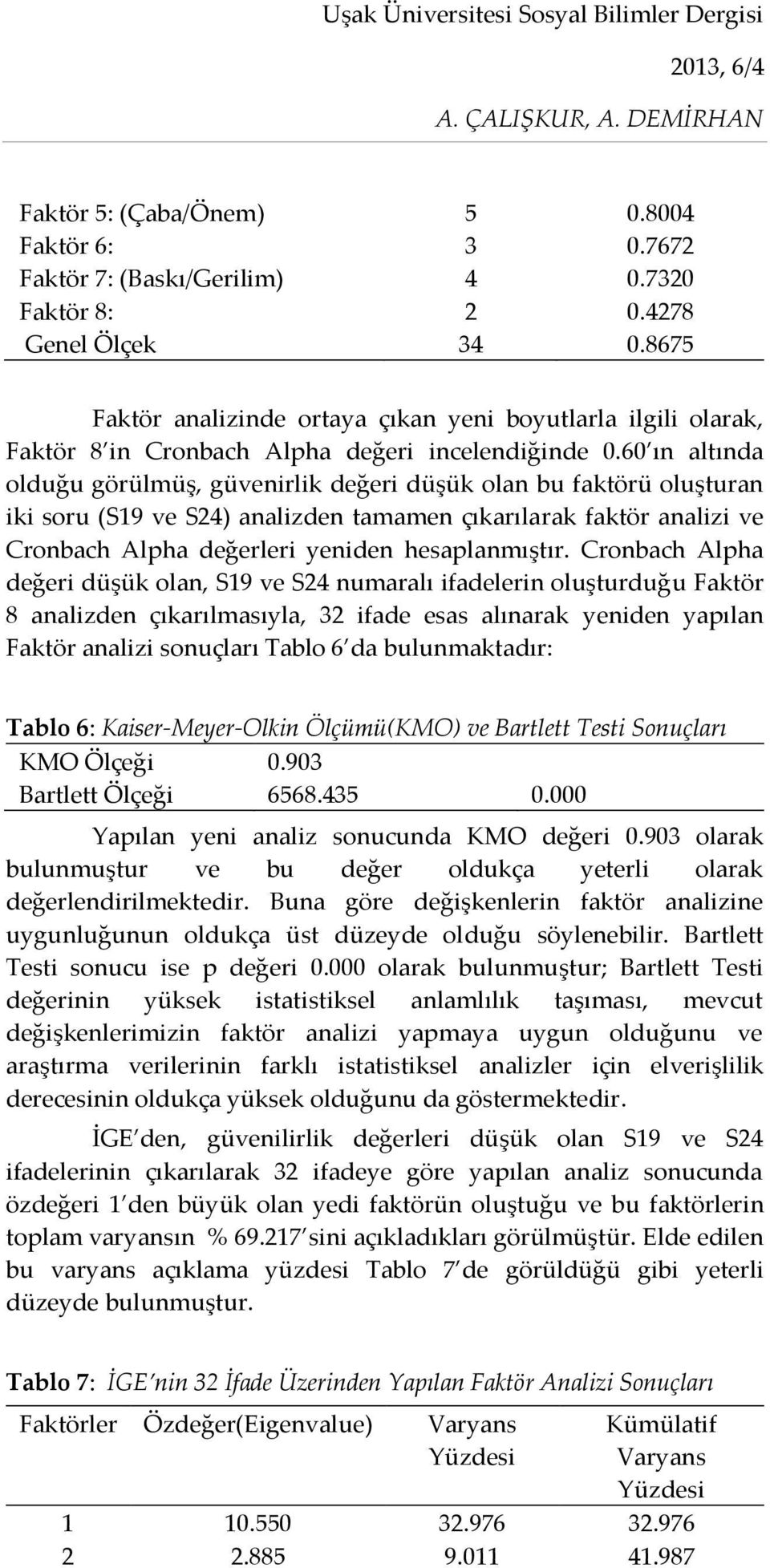 60 ın altında olduğu görülmüş, güvenirlik değeri düşük olan bu faktörü oluşturan iki soru (S19 ve S24) analizden tamamen çıkarılarak faktör analizi ve Cronbach Alpha değerleri yeniden hesaplanmıştır.