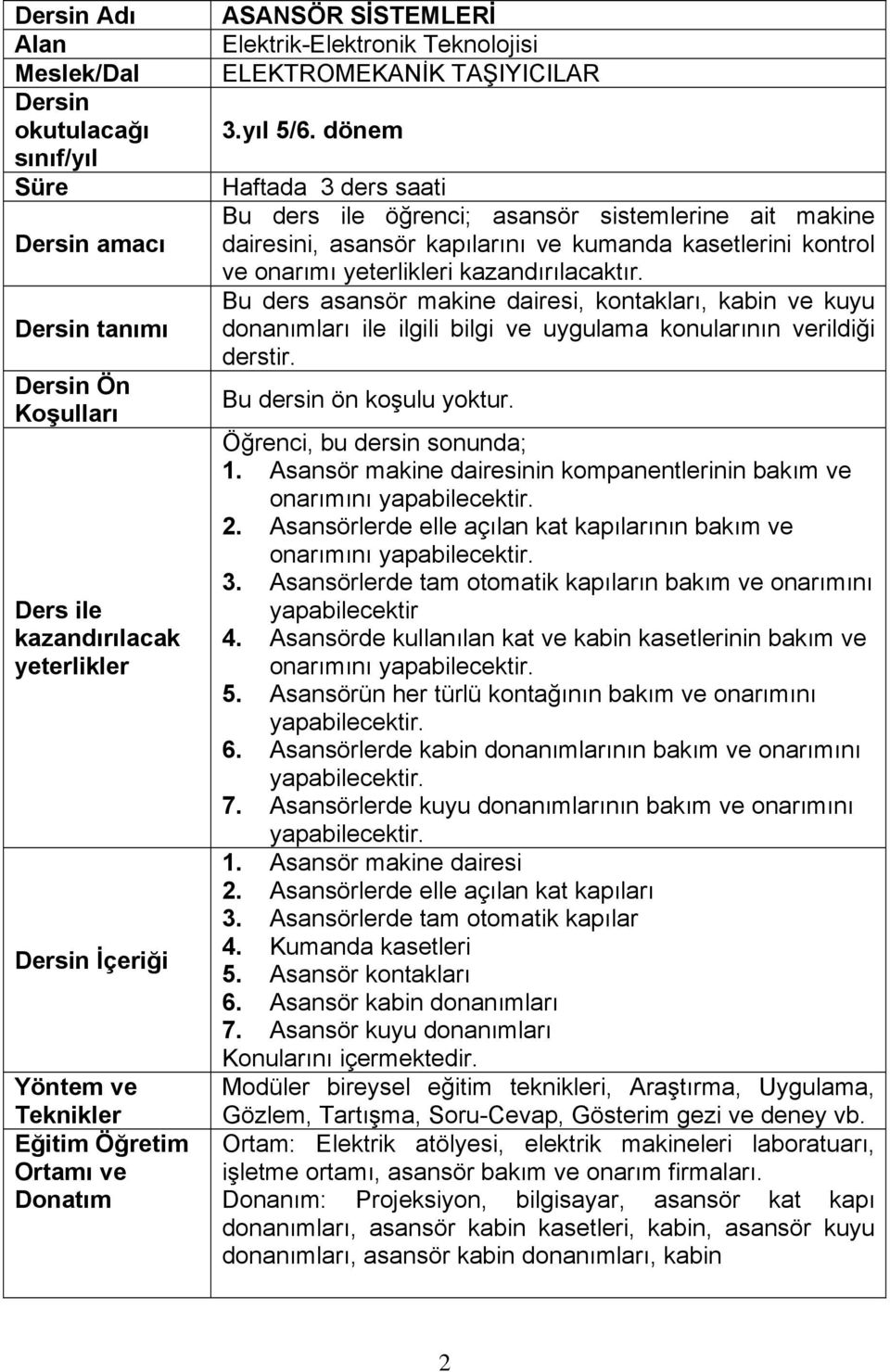 dönem Haftada 3 ders saati Bu ders ile öğrenci; asansör sistemlerine ait makine dairesini, asansör kapılarını ve kumanda kasetlerini kontrol ve onarımı yeterlikleri kazandırılacaktır.