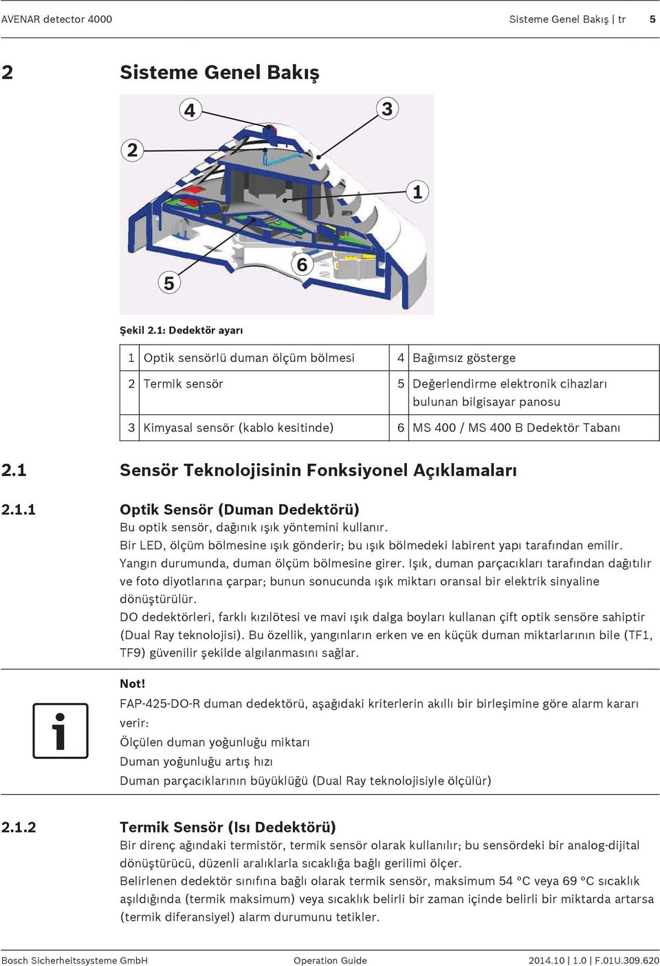 / MS 400 B Dedektör Tabanı 2.1 2.1.1 Sensör Teknolojisinin Fonksiyonel Açıklamaları Optik Sensör (Duman Dedektörü) Bu optik sensör, dağınık ışık yöntemini kullanır.