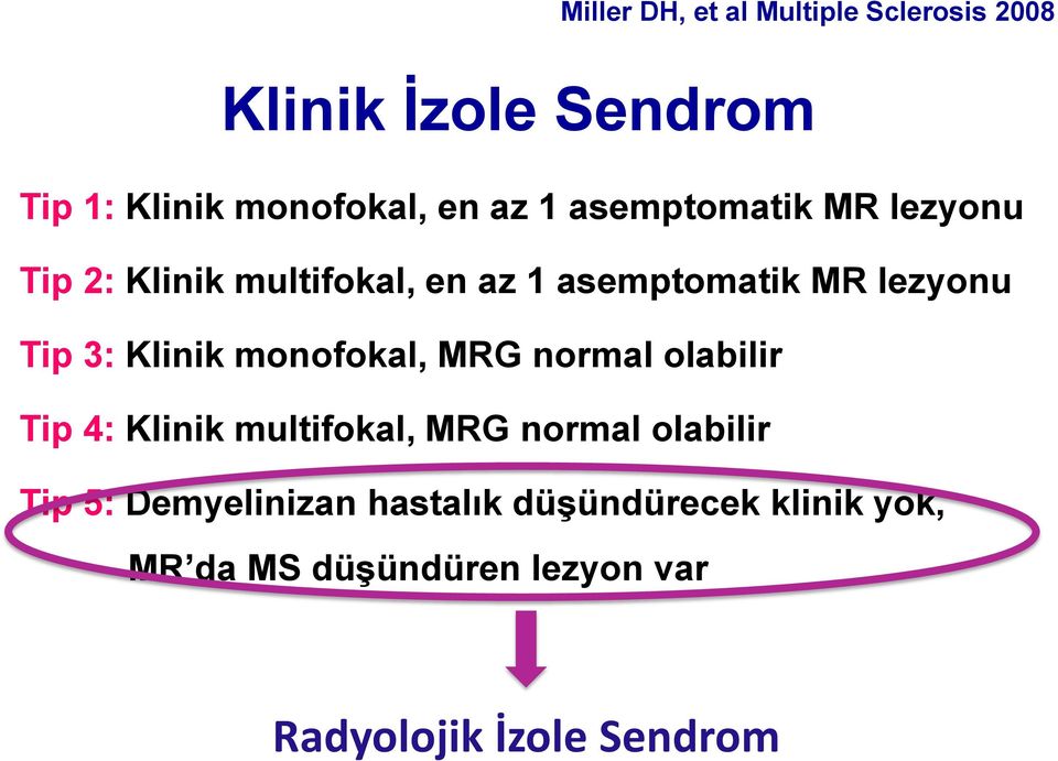 Klinik monofokal, MRG normal olabilir Tip 4: Klinik multifokal, MRG normal olabilir Tip 5: