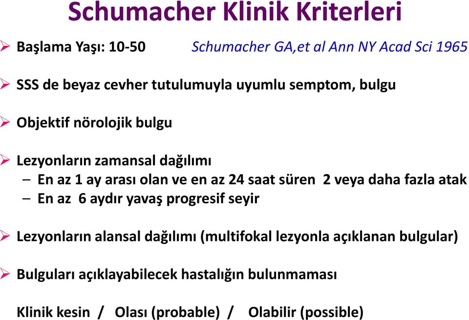 az 24 saat süren 2 veya daha fazla atak En az 6 aydır yavaş progresif seyir Lezyonların alansal dağılımı (multifokal