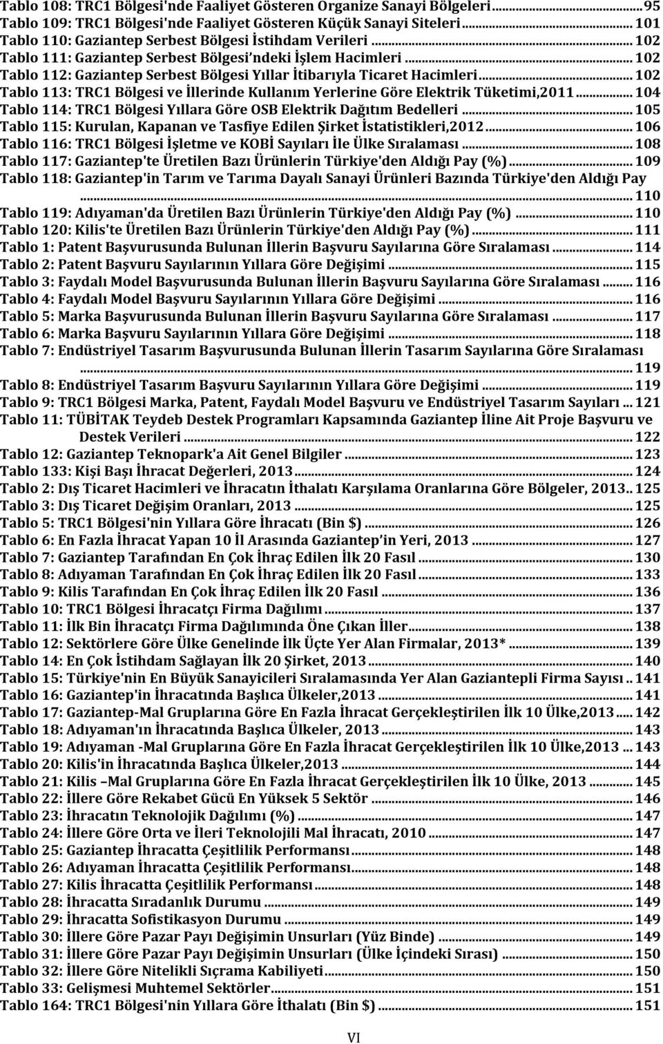 .. 102 Tablo 112: Gaziantep Serbest Bölgesi Yıllar İtibarıyla Ticaret Hacimleri... 102 Tablo 113: TRC1 Bölgesi ve İllerinde Kullanım Yerlerine Göre Elektrik Tüketimi,2011.