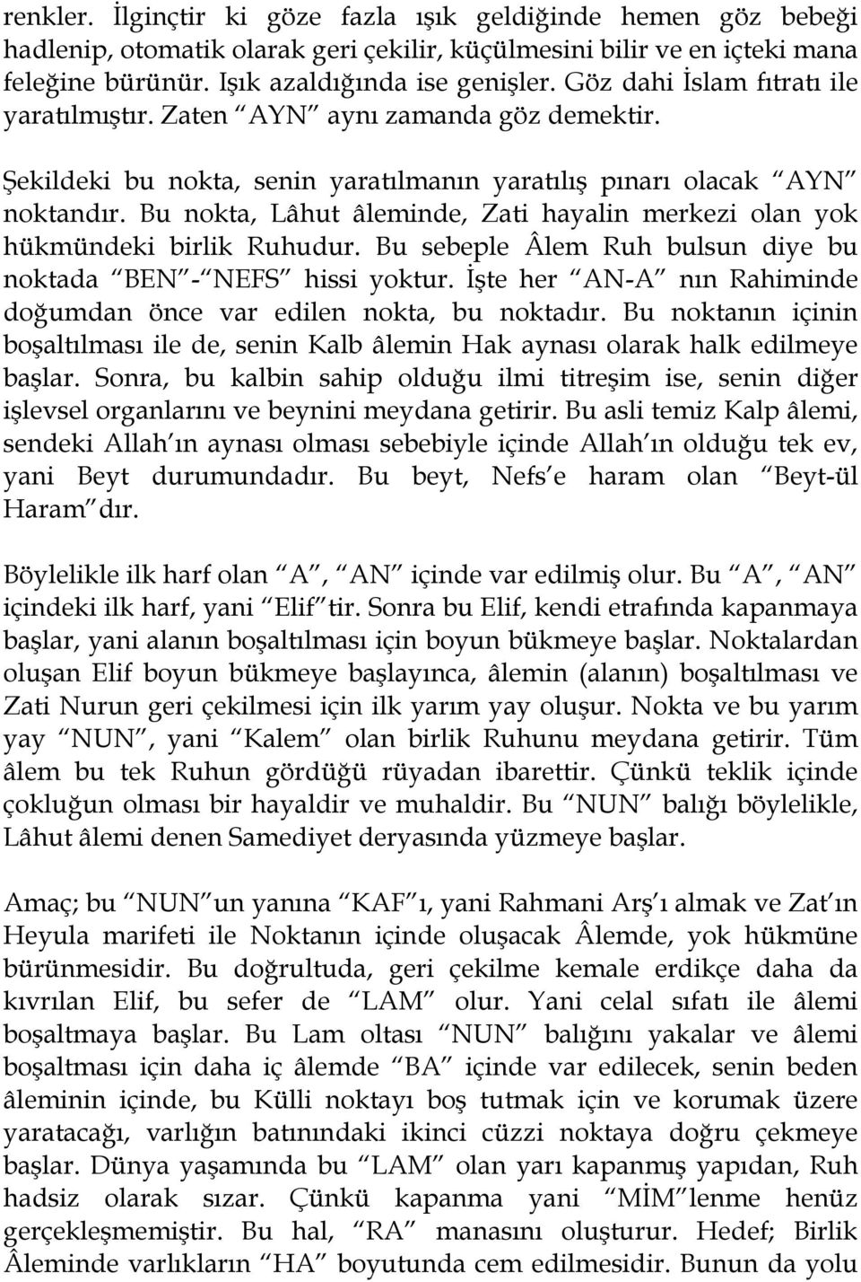 Bu nokta, Lâhut âleminde, Zati hayalin merkezi olan yok hükmündeki birlik Ruhudur. Bu sebeple Âlem Ruh bulsun diye bu noktada BEN - NEFS hissi yoktur.