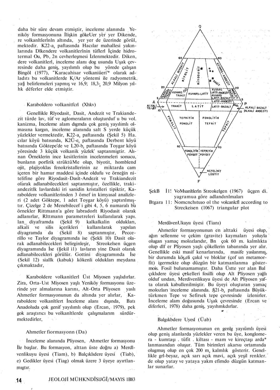 Diken, dere volkanitlerl, inceleme alanı dog usunda Uşak çevresinde daha geniş, yayılımlı olup bu yörede çalışan Bingöl (1977), "Karacahisar volkaniüeri'* olarak adladıtı bu volkanitlerde K/Ar