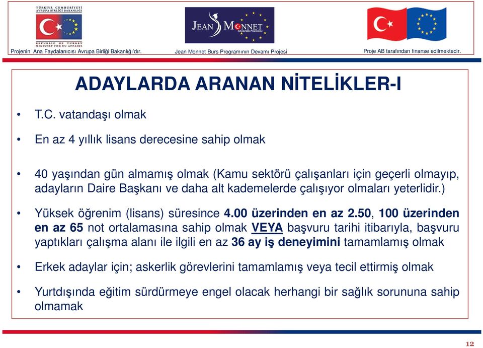 ve daha alt kademelerde çalışıyor olmaları yeterlidir.) Yüksek öğrenim (lisans) süresince 4.00 üzerinden en az 2.