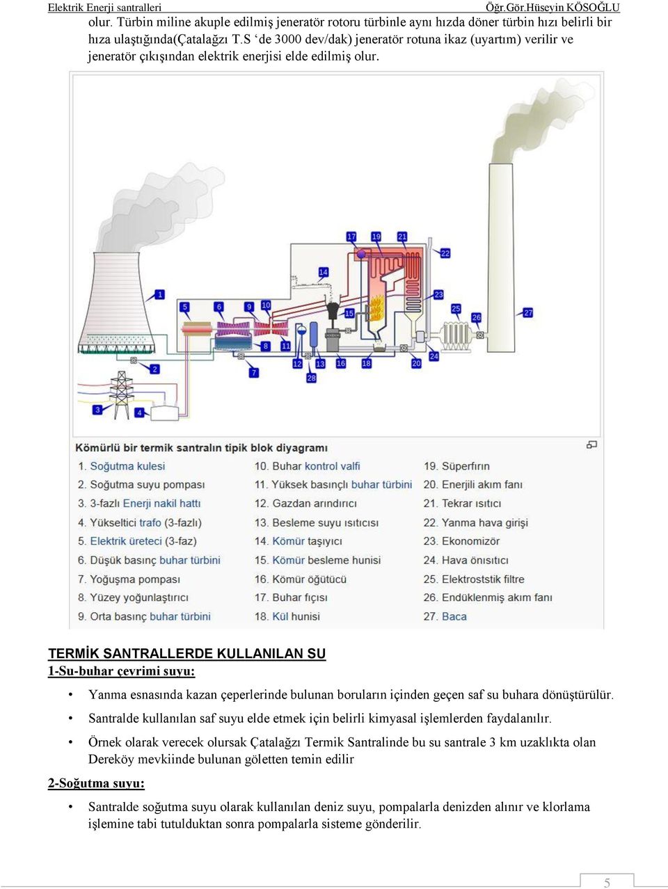 TERMİK SANTRALLERDE KULLANILAN SU 1-Su-buhar çevrimi suyu: Yanma esnasında kazan çeperlerinde bulunan boruların içinden geçen saf su buhara dönüştürülür.