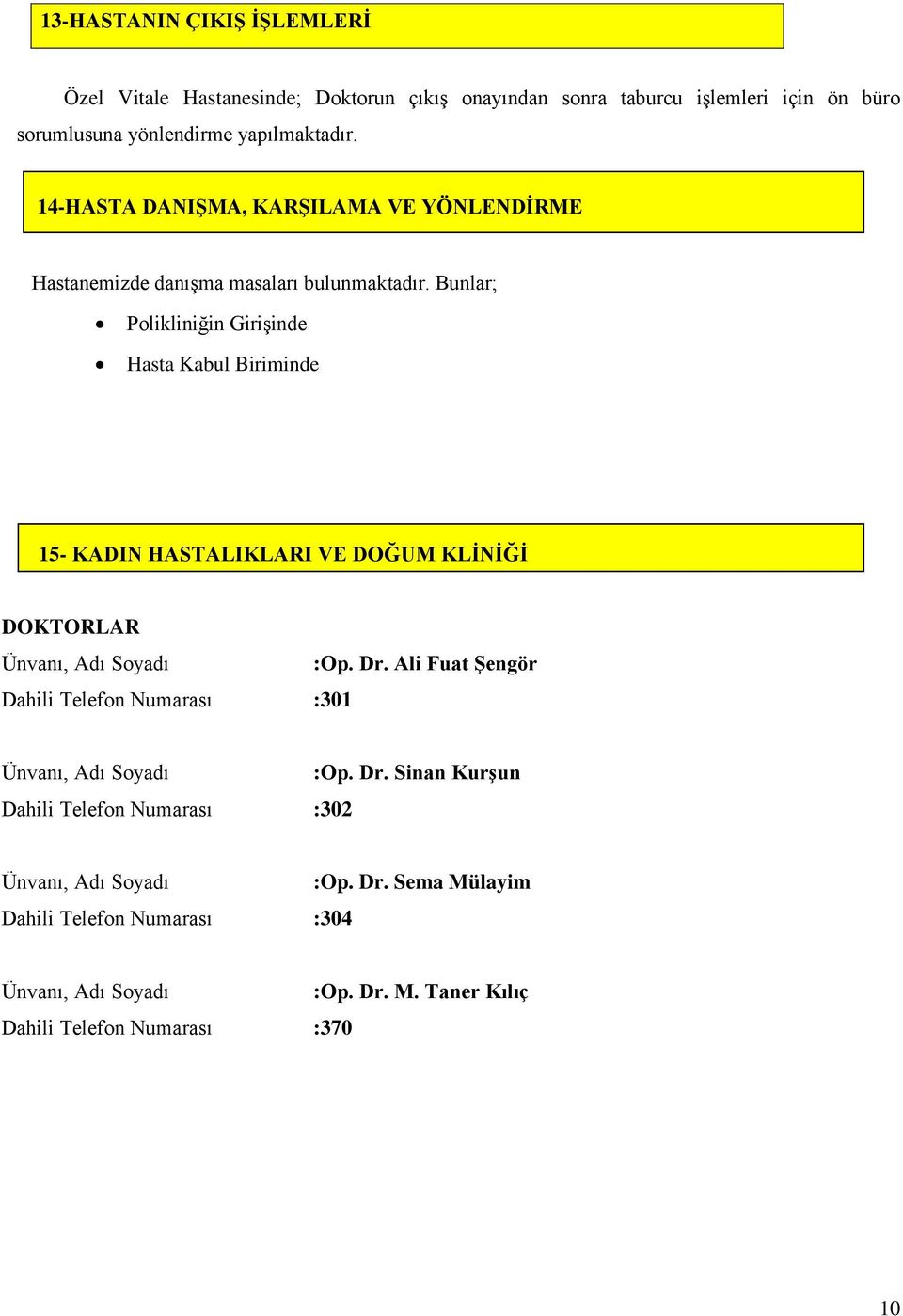 Bunlar; Polikliniğin Girişinde Hasta Kabul Biriminde 15- KADIN HASTALIKLARI VE DOĞUM KLİNİĞİ DOKTORLAR :Op. Dr.